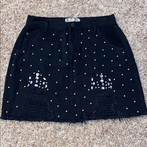 Pearl/jewel embellished black denim skirt